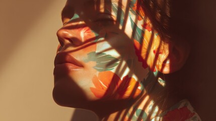 Woman's Profile with Tropical Leaf Shadows and Colorful Body Paint