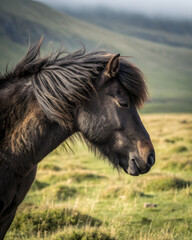 Icelandic horse in a lush, green field