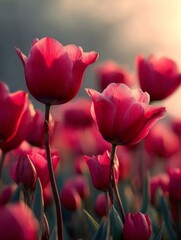 Red Tulips with Dew Drops at Sunrise