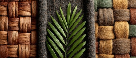 Green Leaf on Dark Background Between Brown Woven Textures