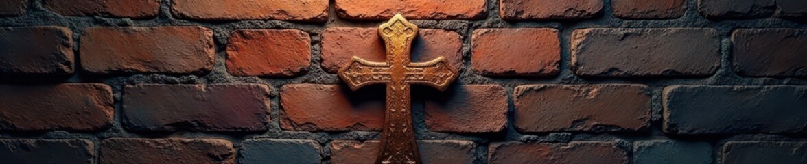 Dark, artistic cross etched onto a rough, shadowed brick wall , grunge, scary, religious symbol
