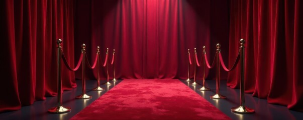 Elegant velvet rope entrance with chrome poles and dramatic lighting , gold, contemporary, stylish