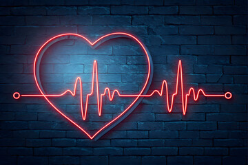 Neon heart symbol with cardiogram on a classic blue background. Abstraction for the desktop, website, bookle