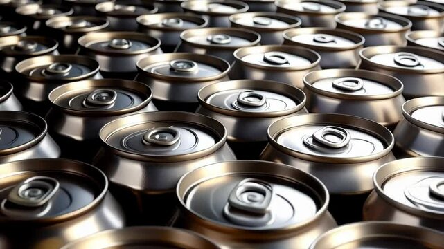 Shiny aluminum beverage cans background, rows of unopened cold drink cans, close-up shot, refreshing metallic container.