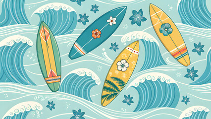 Seamless pattern with surf boards. Boards in vintage colors on the waves of the ocean