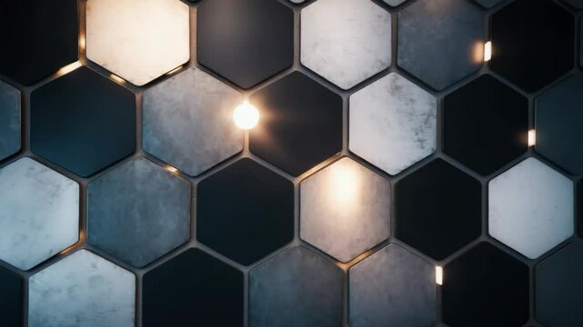 Abstract hexagon pattern with concrete texture and interior light creates modern geometric design.
