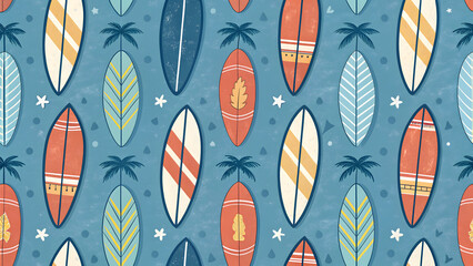Seamless pattern with surfboards in flat style on blue background