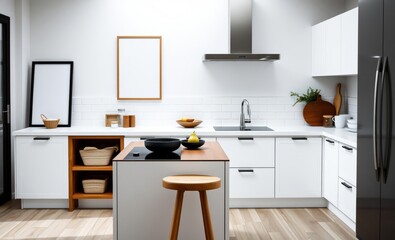 Fototapeta premium A minimalist haven where a mock up poster frame sleek white kitchen furniture a cozy wooden island a gleaming induction hob a stool with a bowl a ripe pear and personal touches harmoniously ble