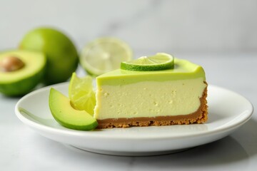 Creamy avocado lime cheesecake slice on white plate, dairy-free, slice