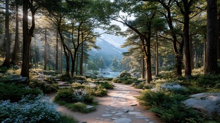 Obraz premium Sunlit forest path with golden rays through trees, a serene nature escape