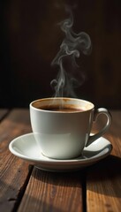 Steaming coffee cup on rustic brown wood, ample copy space , topview, mocha, food photography