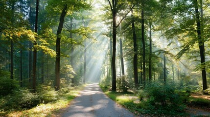 Naklejka premium Sunlit forest path with golden rays through trees, a serene nature escape