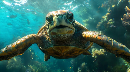 Obraz premium Close-up of a sea turtle swimming in a coral reef.
