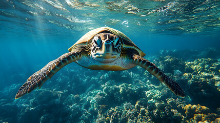 Fototapeta premium A sea turtle swims through a coral reef.