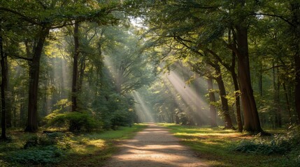 Fototapeta premium Sunlit forest path with golden rays through trees, a serene nature escape