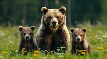 Obraz premium A brown bear and her cubs in a grassy meadow.