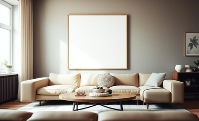 A living room's heart pulsating with creativity and style A mock-up poster frame frames a blank canvas for your imagination while a modern beige sofa and oval wooden coffee table create an inviting