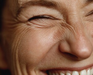 Closeup of a Smiling Woman's Face Showing Wrinkles and Texture