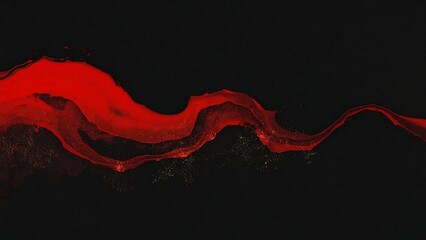 Minimalist abstract calligraphy painting using bold and flowing red water , softly blended into a textured off- glowing  deep black background.