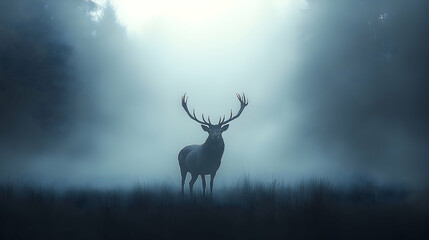 Obraz premium Majestic stag silhouetted in a misty forest.