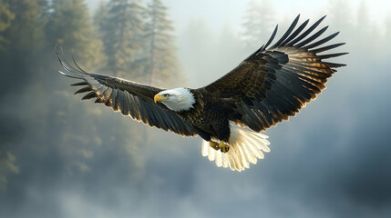 Obraz premium Majestic bald eagle soaring through a misty landscape.