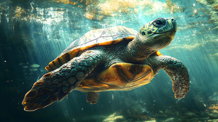 Fototapeta premium A sea turtle swims underwater in a sunlit aquatic environment.