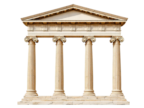 Isolated image of a classical greek or roman temple facade with four columns and a triangular pediment