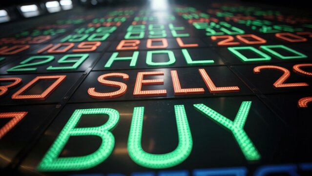A close up of a stock market ticker display showing buy and sell values in green and orange colors