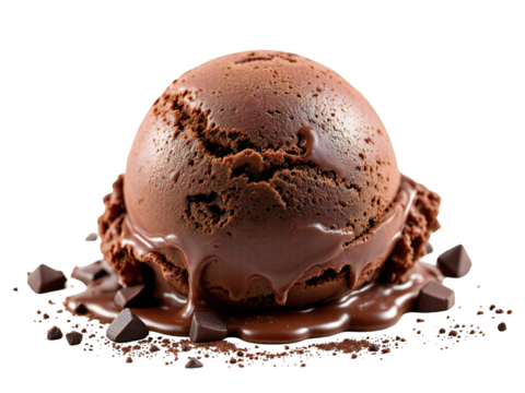 A single scoop of chocolate ice cream with chocolate chunks on a black background in close up view