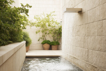 modern outdoor shower in spa area featuring sleek stone walls and flowing water creating serene atmosphere