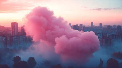 Obraz premium Pink Cloud Over City At Sunset Dreamlike Cityscape