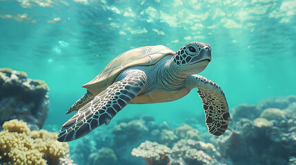 Obraz premium Sea turtle swimming in clear turquoise water over coral reefs.