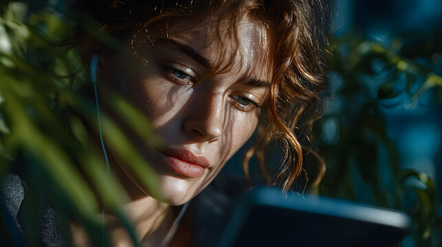 Young Woman Absorbed in Phone and Music Outdoors - Powered by Adobe