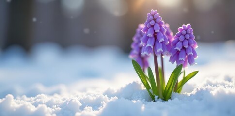 Obraz premium Delicate purple grape hyacinth blooms emerge from melting snow , springtime, image