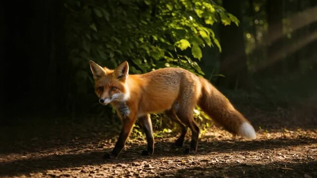 Red fox in sunlit forest. Animal, wildlife, nature, woodland, scenic, sunlight, outdoors.