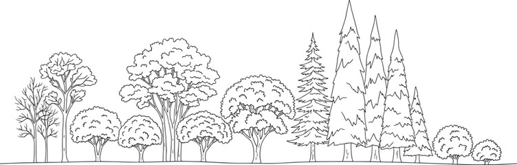 Obraz premium Architectural Drawings, Minimal style cad tree line drawing, Side view, set of section mountian forest outline symbol for landscape design drawing. Vector illustration in stroke fill in white.