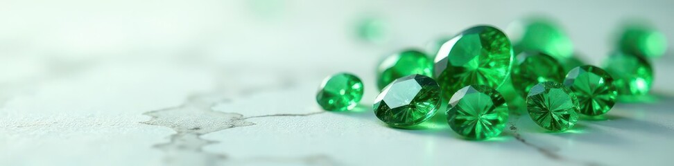 Fototapeta premium A cluster of sparkling emerald gemstones against a pristine white marble surface, emerald, crystal