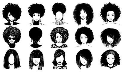 Afro Hairstyle Vector Silhouettes: A collection of diverse Afro hairstyles, illustrated in black and white, showcasing various styles, shapes, and textures of natural black hair.