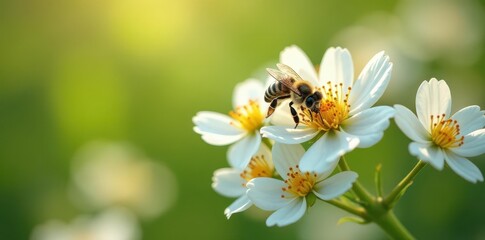 Busy bees gathering nectar from delicate white blossoms , close-up, macro, nature