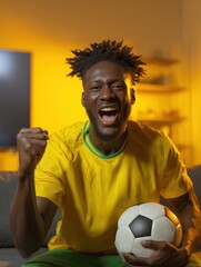 Brazilian football fan reacting during penalty at home wearing yellow jersey