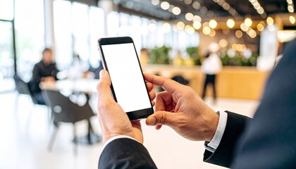 Primer plano de manos j&oacute;venes sosteniendo un smartphone moderno con pantalla blanca brillante