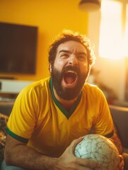 Brazilian football fan cheering during victory at home wearing yellow jersey