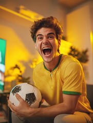 Brazilian football fan cheering during win indoors wearing yellow jersey