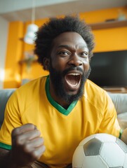 Brazilian football fan shouting during win indoors wearing yellow jersey