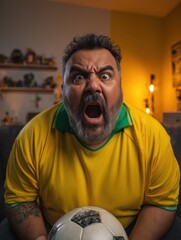 Brazilian football fan cheering during goal at home wearing yellow jersey