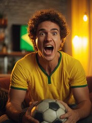 Brazilian football fan shouting during match indoors wearing yellow jersey