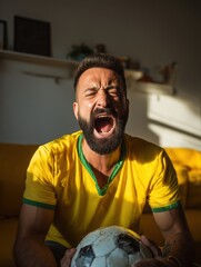 Brazilian football fan celebrating during victory at home wearing yellow jersey