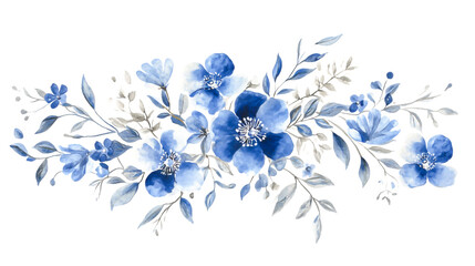 Watercolor royal blue and silver floral clip art design, with isolated on a white background