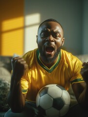 Brazilian football fan cheering during win at home wearing yellow jersey