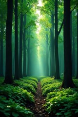 Obraz premium Dark green, straight trees form a dense forest against a stark white background , leaves, backdrop, background